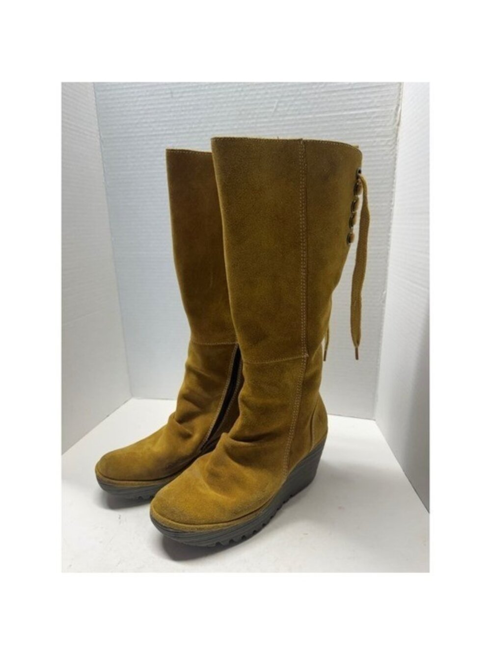 Fly London Mol 2 Mustard Yellow Suede Wedge Tall Boots P50032401 EU 39 8.5